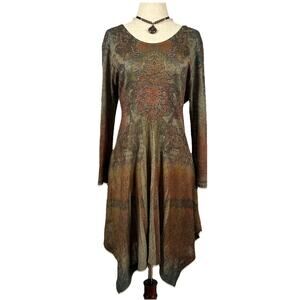 Y2K Midi Dress Asymmetrical Rhinestones Womens M Boho Fairy Grunge Earthy